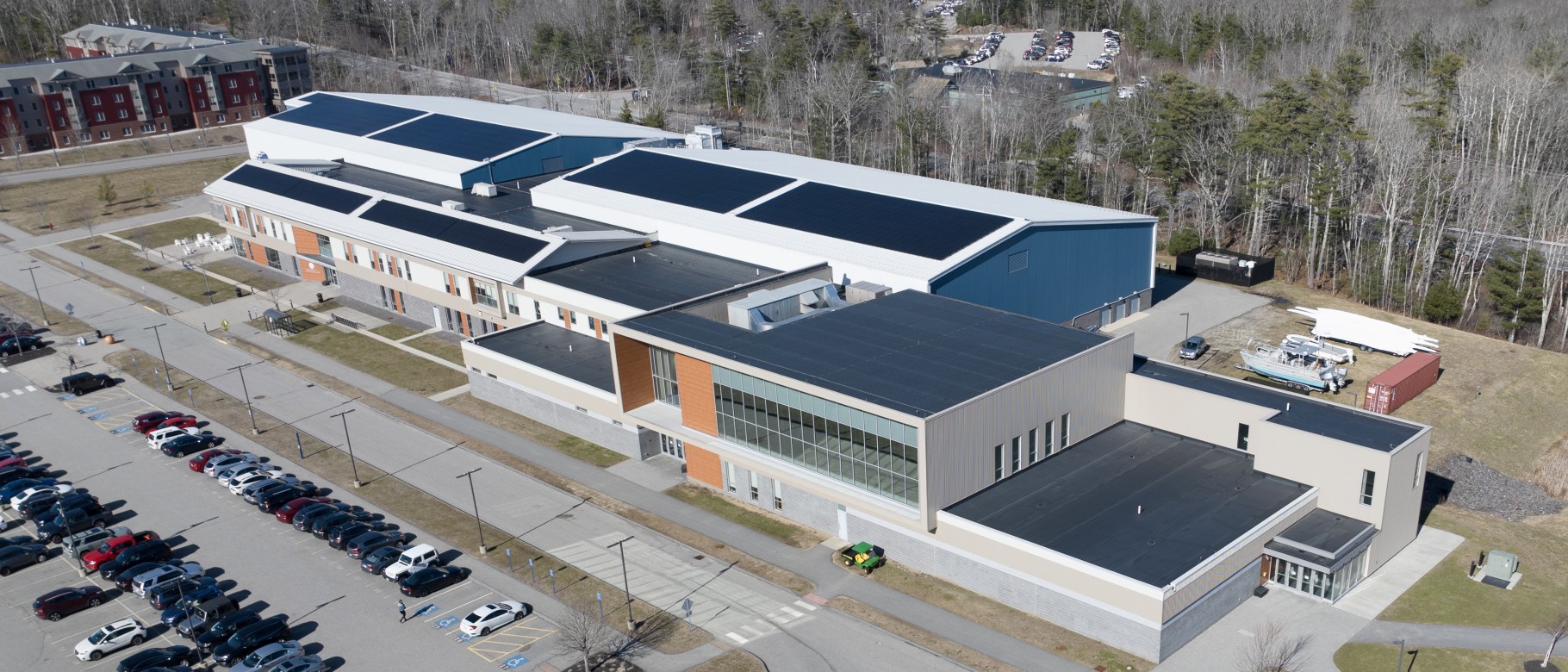 Aerial image of solar panels atop the Harold Alfond Forum