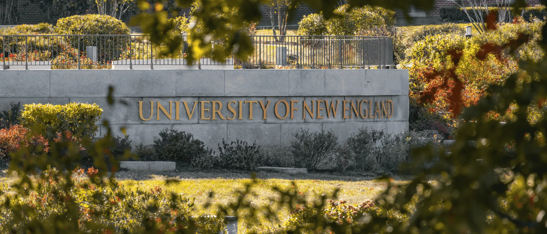 A stone sign bearing the name "University of New England" is seen through the trees