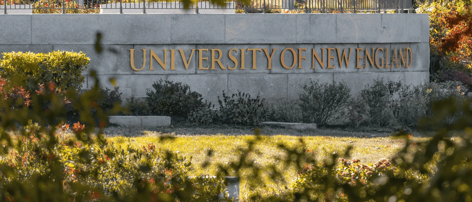 A stone sign bearing the name "University of New England" is seen through the trees