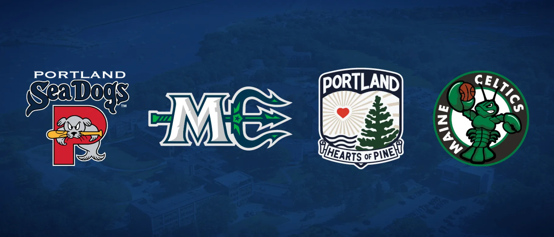 A graphic shows the logos of the Portland Sea Dogs, Maine Mariners, Portland Hearts of Pine, and Maine Celtics over an aerial of UNE