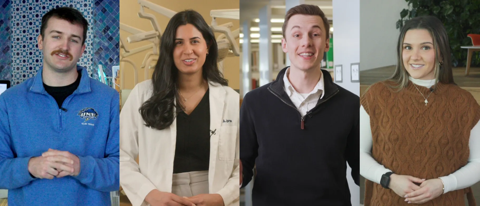 A collage of four student portraits across campus