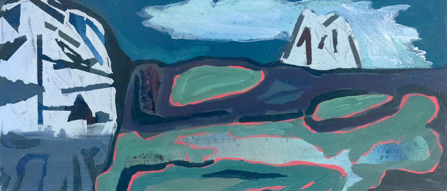 A painting of sailboats off the Maine coast