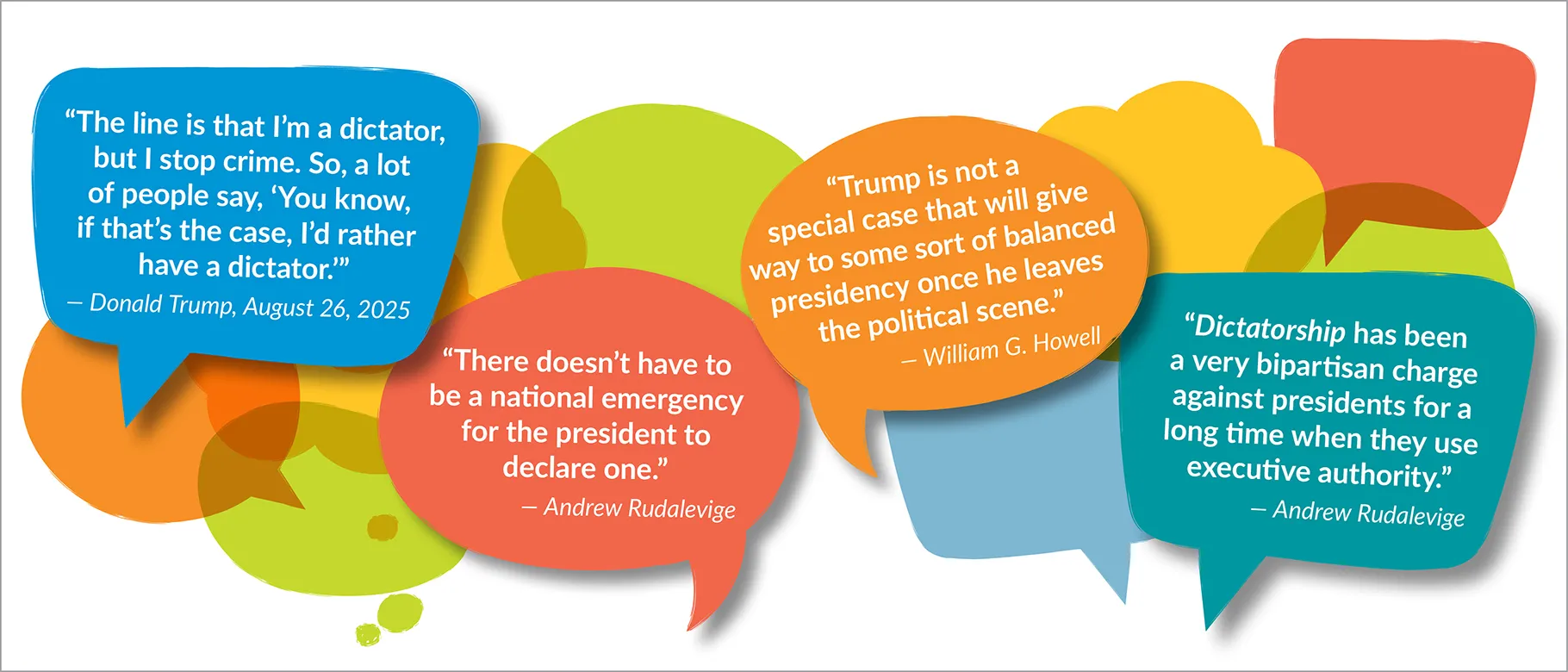 A graphic with thought bubbles featuring quotes from leading academics