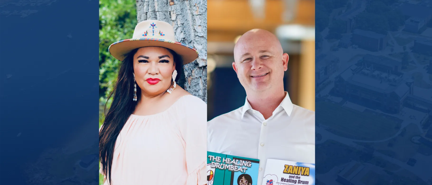Two professional headshots side by side on a dark blue background. On the left, a woman with long dark hair wears a decorative tan hat with Native American-inspired beadwork, a pale pink top, and statement earrings while standing outdoors near a tree. On the right, a man in a white collared shirt smiles at the camera in an indoor setting, holding two children's books titled "The Healing Drum Beat" and "Zaniya and the Healing Drum."