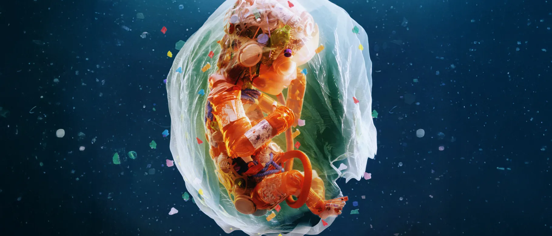 Pieces of plastic float in the ocean