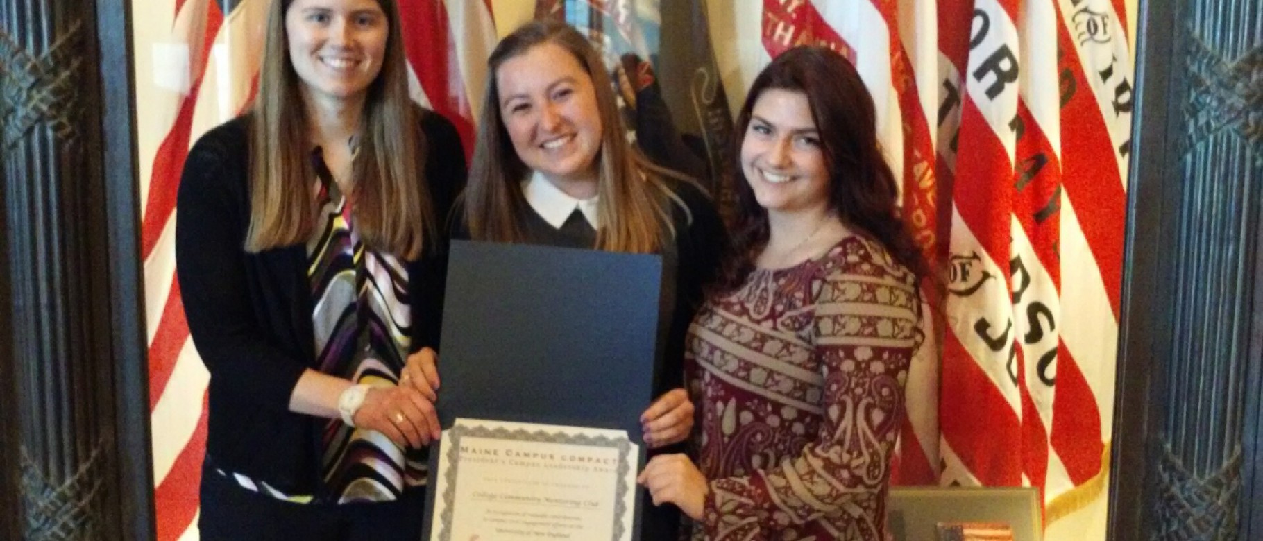 L-R: Emma Waterhouse, Samantha Mansberger and Reba Shapiro were presented with the Campus Leadership Award at a State House cere
