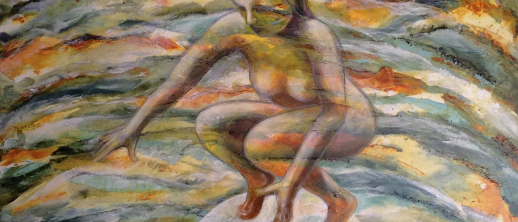 “On the Ball,” acrylic and handmade paper on canvas, by Nora Tryon