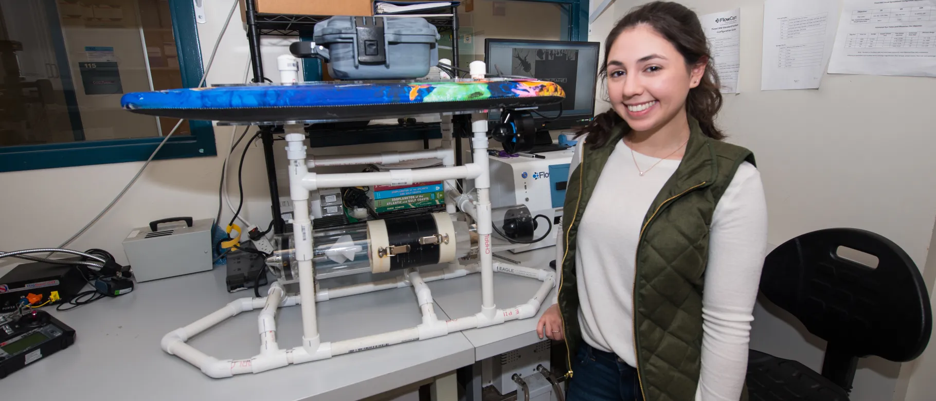 Ariella Danziger shows off the plankton suction device prototype. The Flowcam, which she uses to examine her plankton samples,