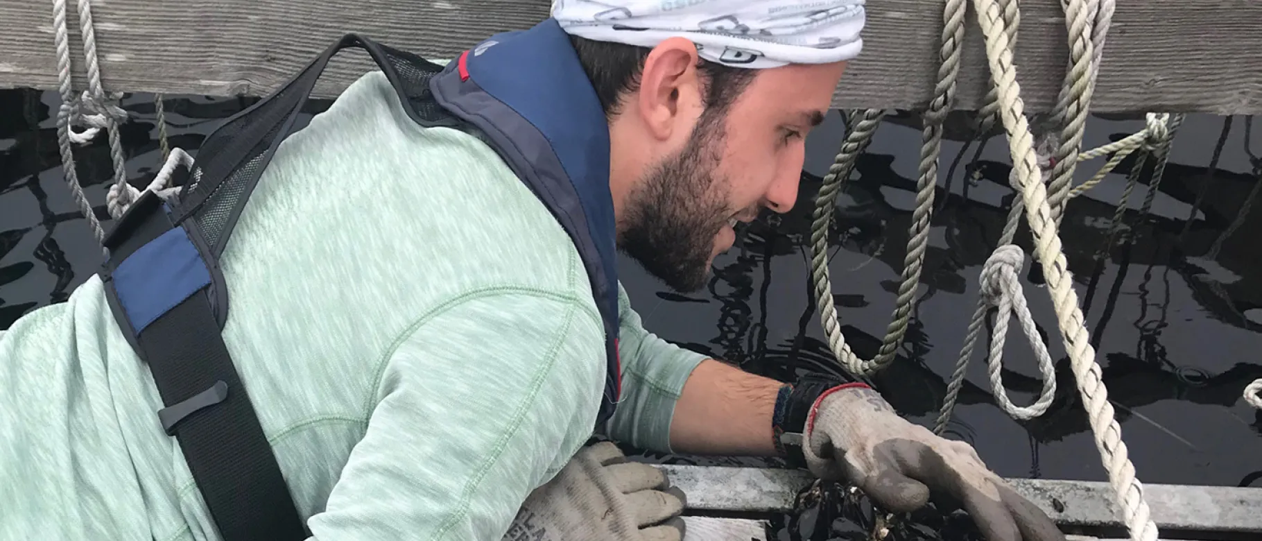 UNE graduate student Connor Jones gathers up mussels to take back to the Marine Science Center for research