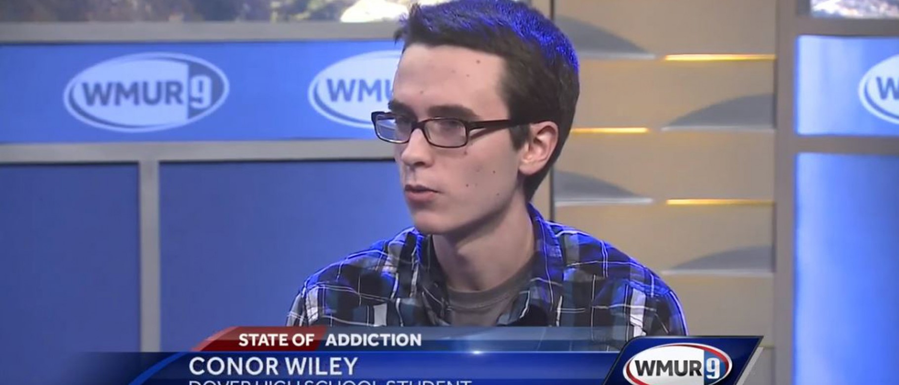 Conor Wiley is interviewed on television station WMUR in 2017 as part of a panel discussion about the opioid crisis. Wiley prese