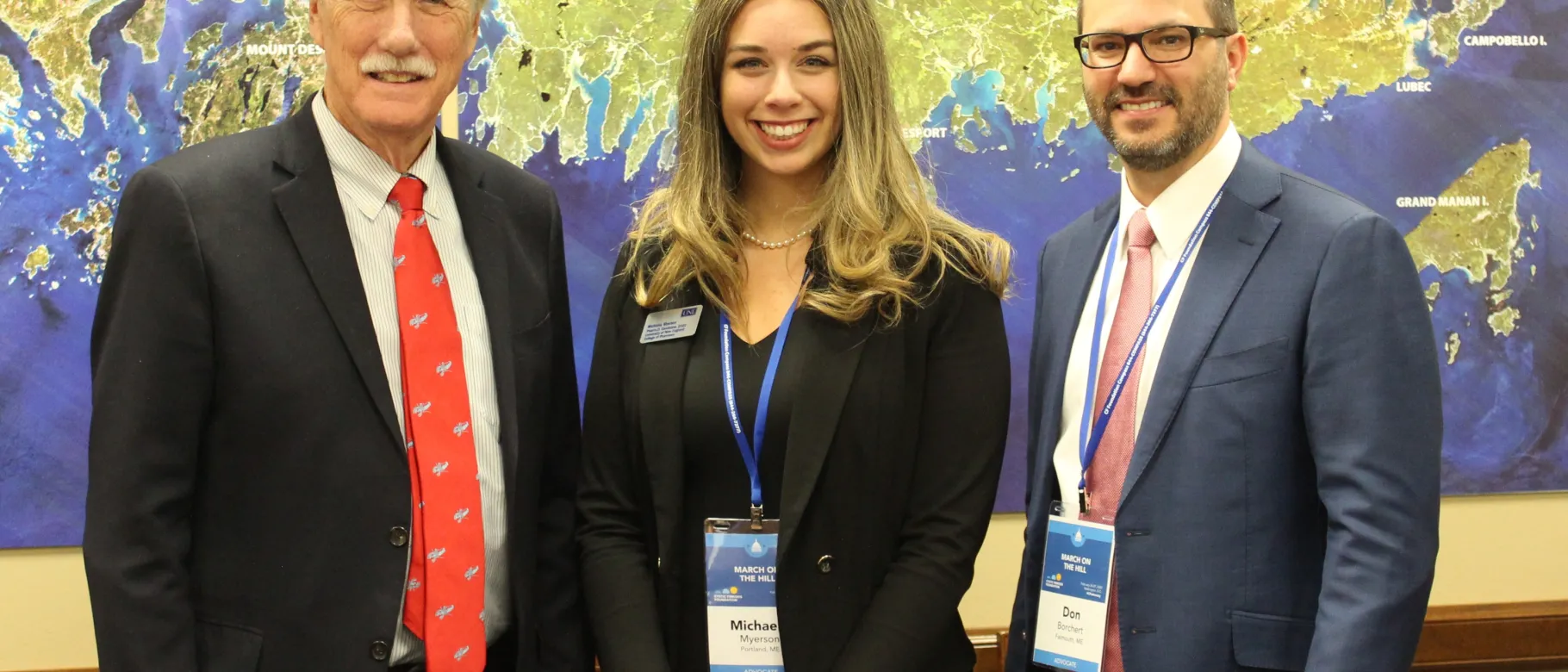 College of Pharmacy student Michaela Myerson in Washington, D.C., with Senator Angus King and CF dad Don Borchert