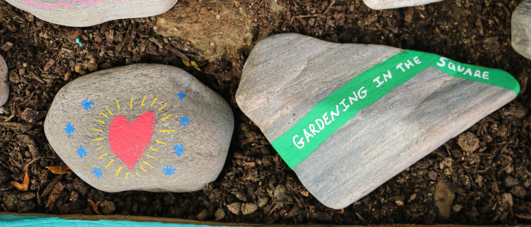 Painted rocks are set in an intergenerational garden set up by two UNE Social Work students