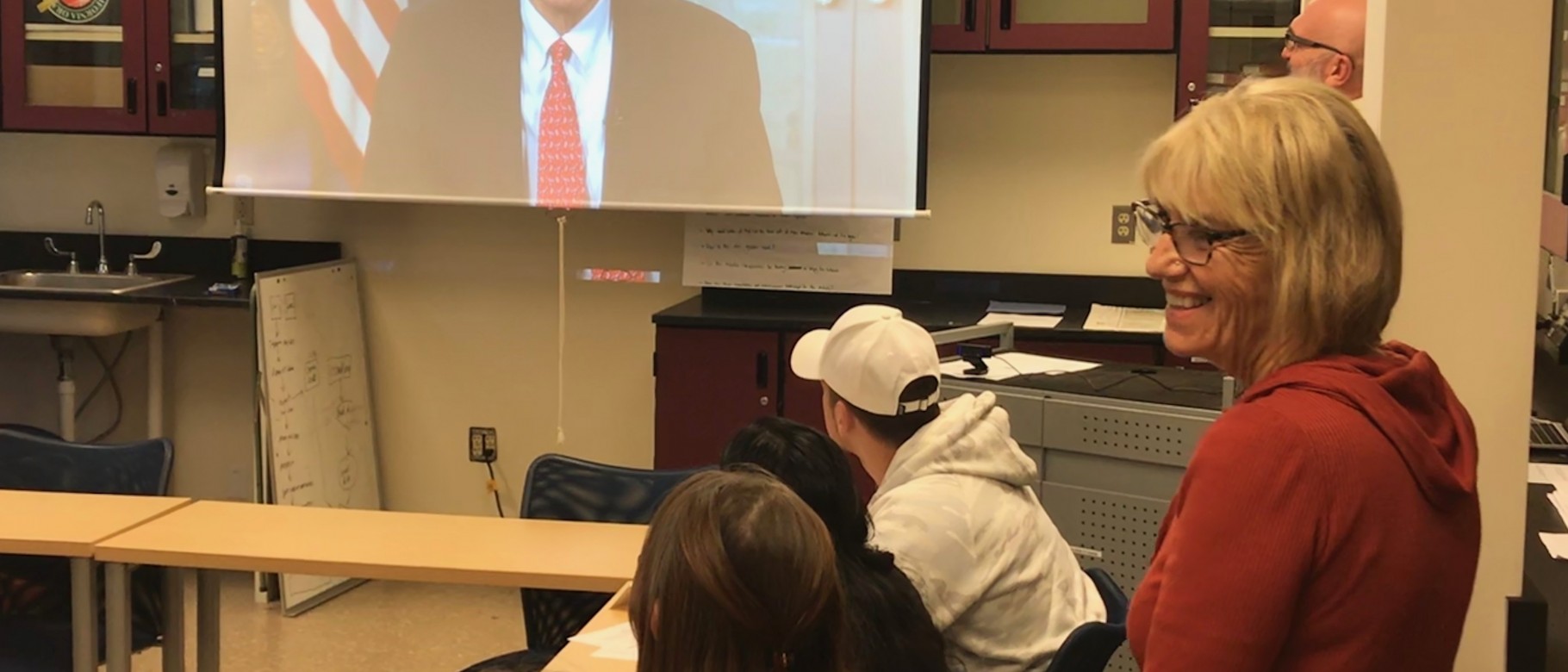United States Senator Angus King speaks with students in the Exploring Education class via Skype