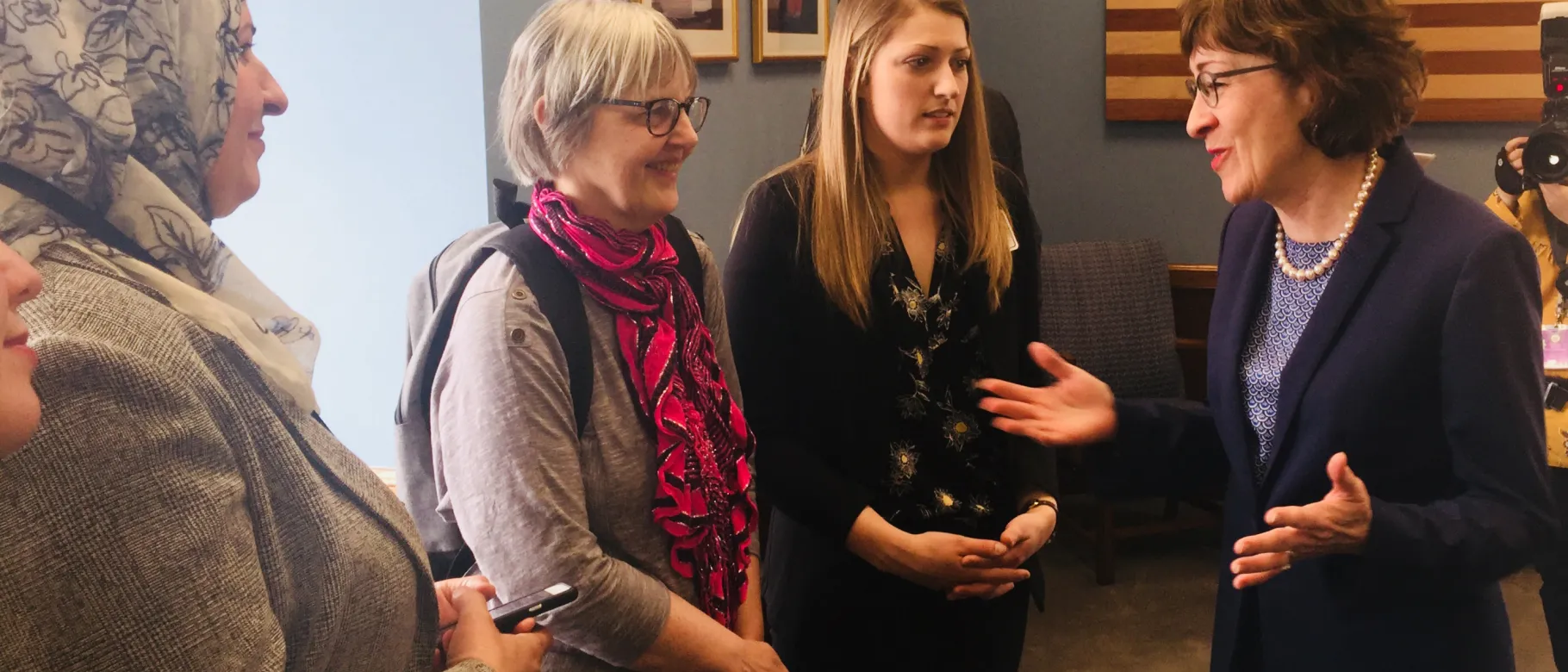 Taylor Cahill, Kim Humphrey and Sanaa Abaljabbar meet with Senator Susan Collins