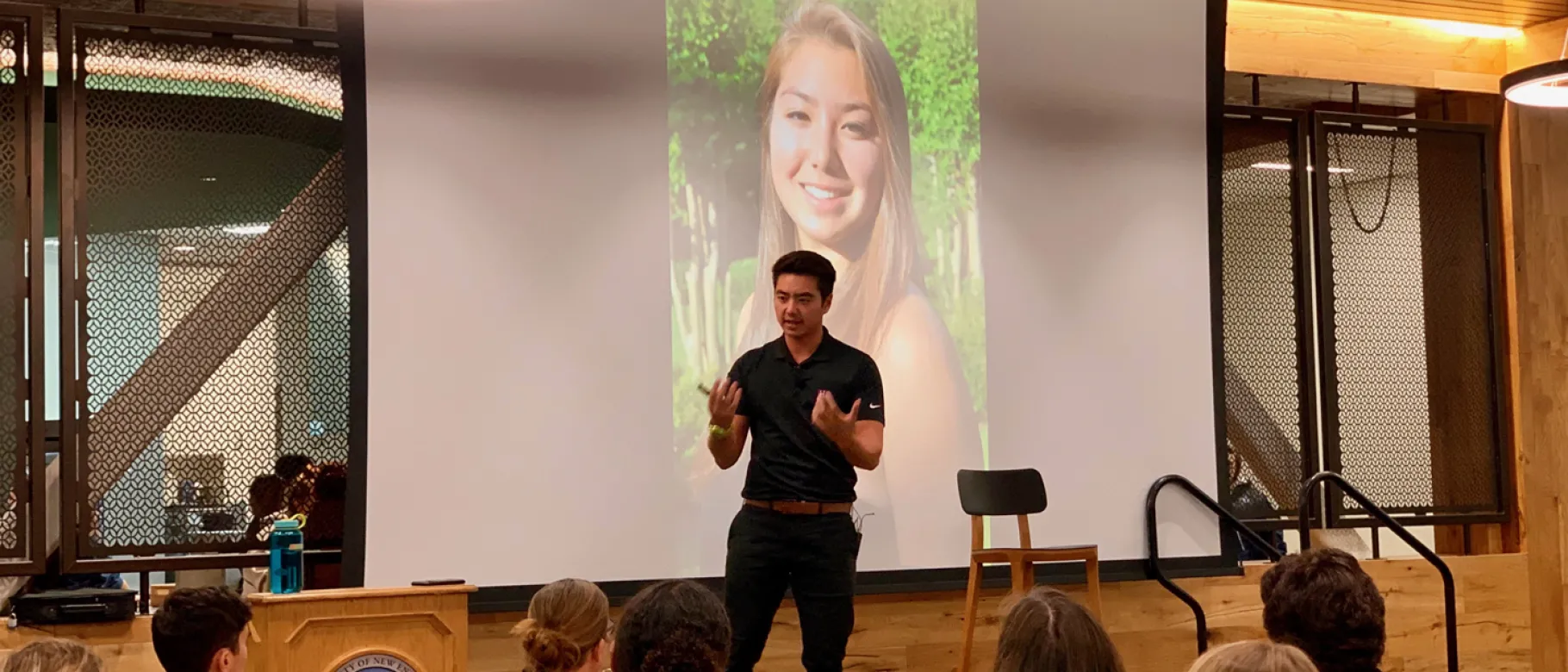 Schuyler Bailar addresses the audience at the well-attended October 7 campus event.