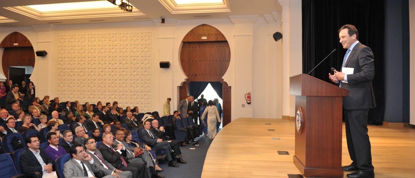U N E Vice President Anouar Majid addresses attendees at the opening dedication ceremony for UNE Tangier.
