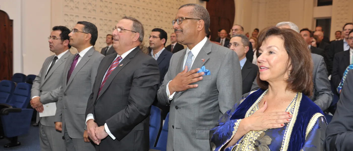 U N E President Danielle Ripich, U.S. Ambassador to Morocco Dwight L. Bush, Sr. and Maine Governor Paul LePage at the ope