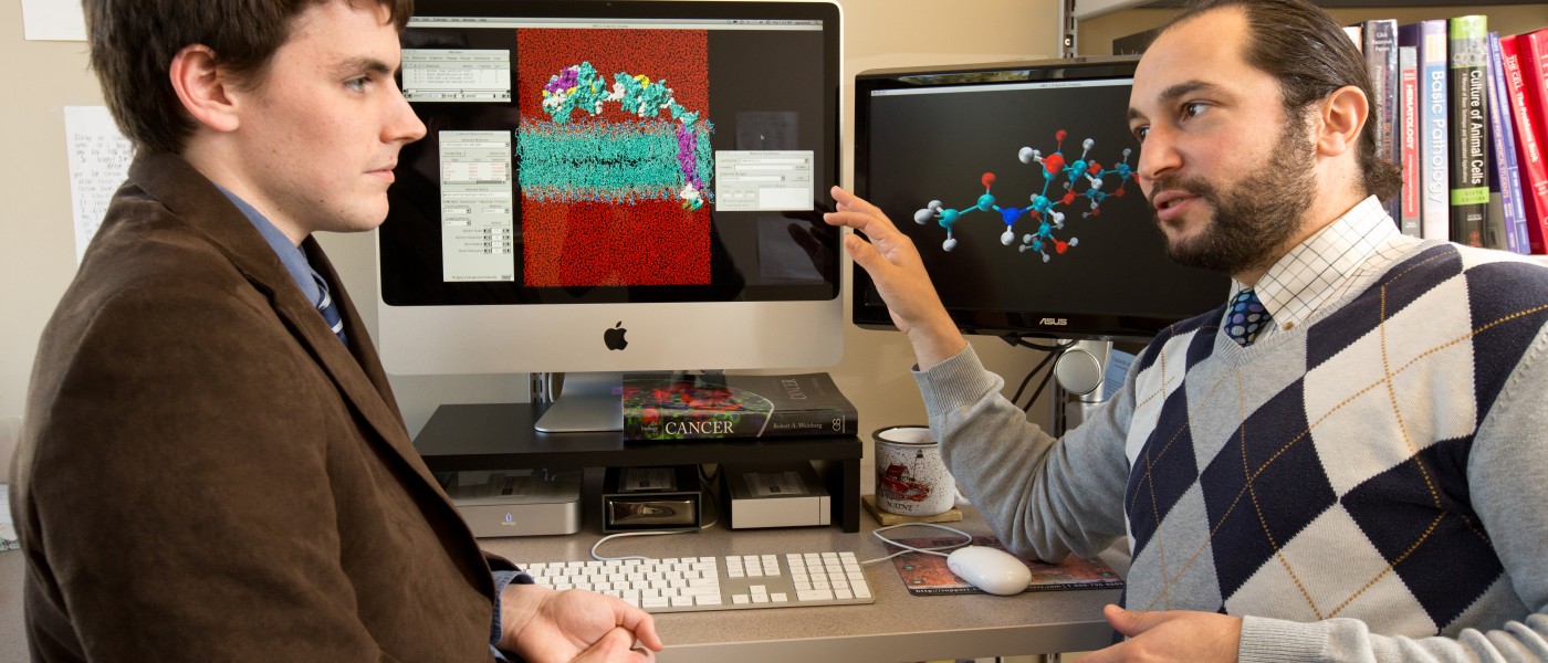 U N E professor and Student by a molecular model on a computer