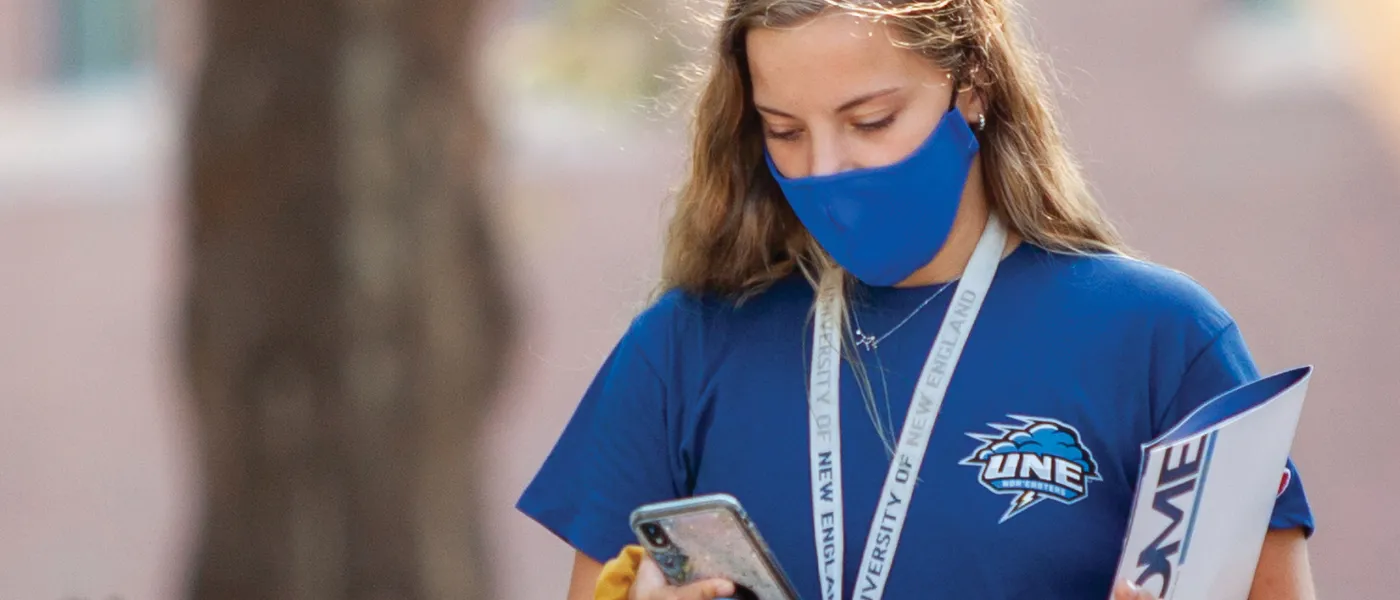 Student walking on Biddeford campus