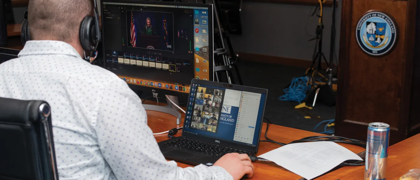 A team of telecommunications professionals works to record virtual remarks from Dean Carreiro and others.