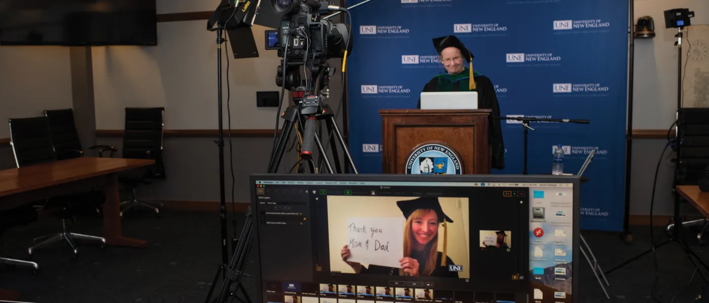 A team of telecommunications professionals works to record virtual remarks from Dean Carreiro and others.