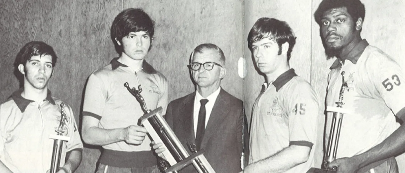 The 1970-71 Red Knights men’s basketball team was named Naismith Conference Champions, and Coach Beaudry was named Coach of the Year.