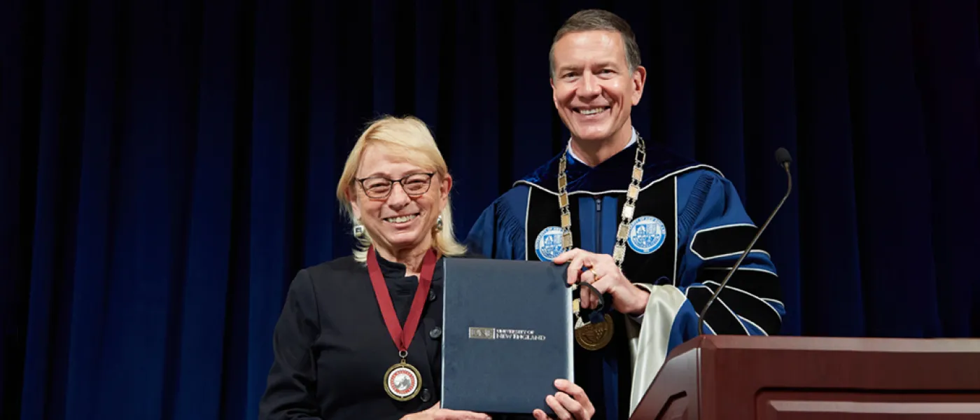 Deborah Morton Society Inductee Maine Governor Janet Mills with U N E President James Herbert