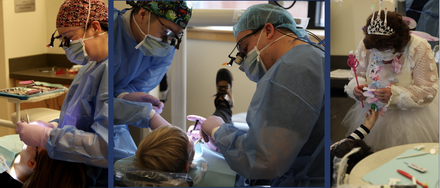 A collage of images shows dental students providing oral health care services for children