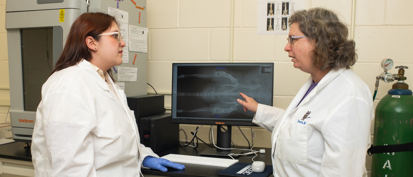 A student and professor review an X-ray on a monitor