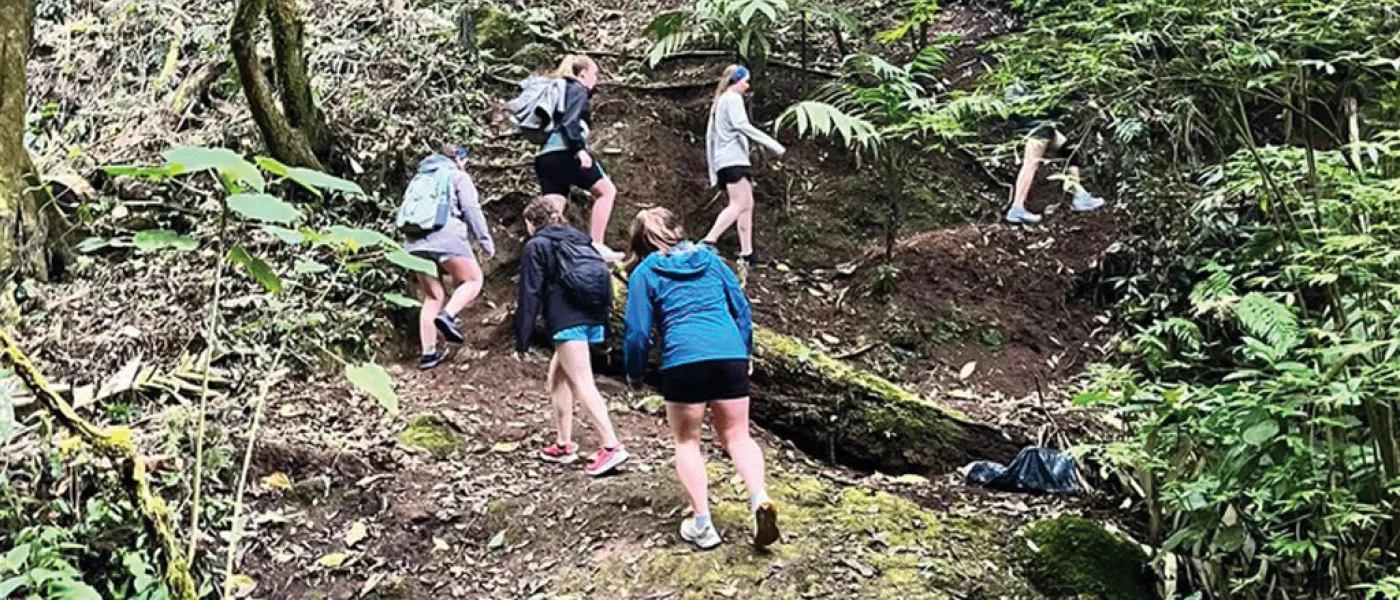 A group of students hike through a mossy forest