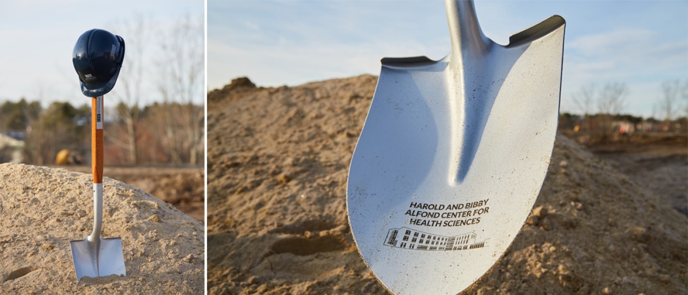 A collage of a shovel standing upright in a mound of dirt with a U N E construction hat on the top of the handle next to a close-up of the shovel's blade with an inscription, "Harold and Bibby Alfond Center for Health Sciences"