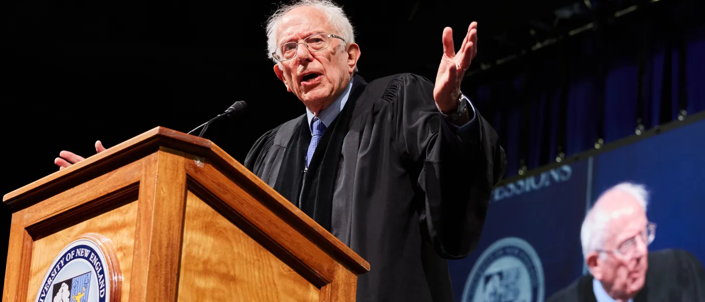 U.S. Senator Bernie Sanders speaks at the podium