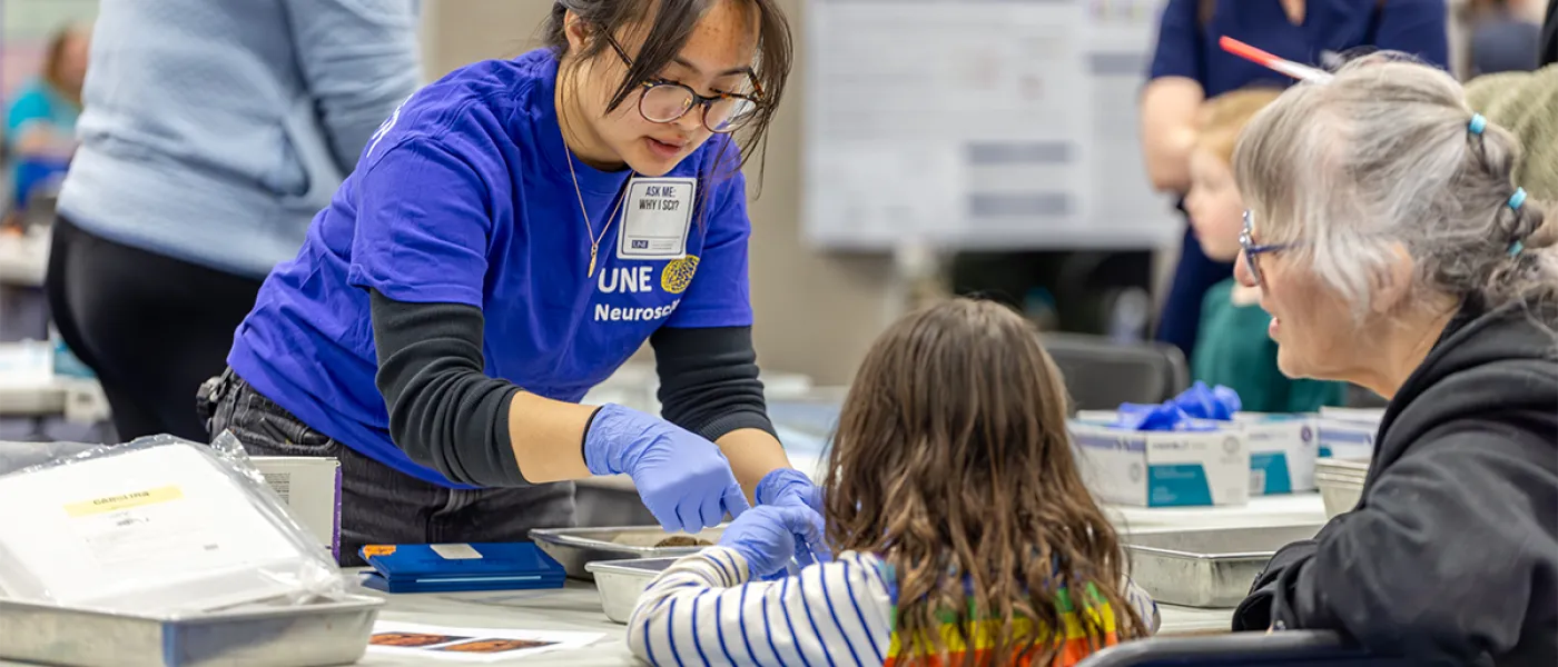 A neuroscience major explains the brain to a mother and child at a U N E Brain Fair