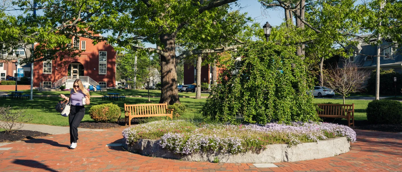 A student walks on a brick pathway next to a small green garden