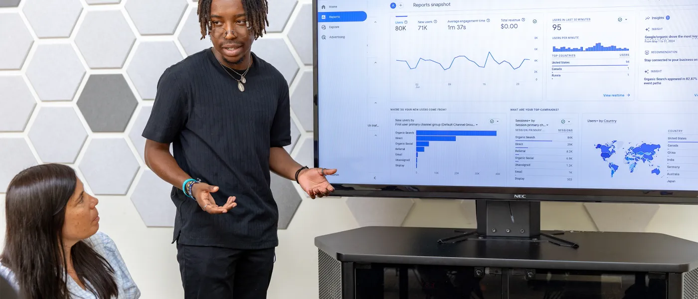 A student describes Google Analytics data seen on a large monitor