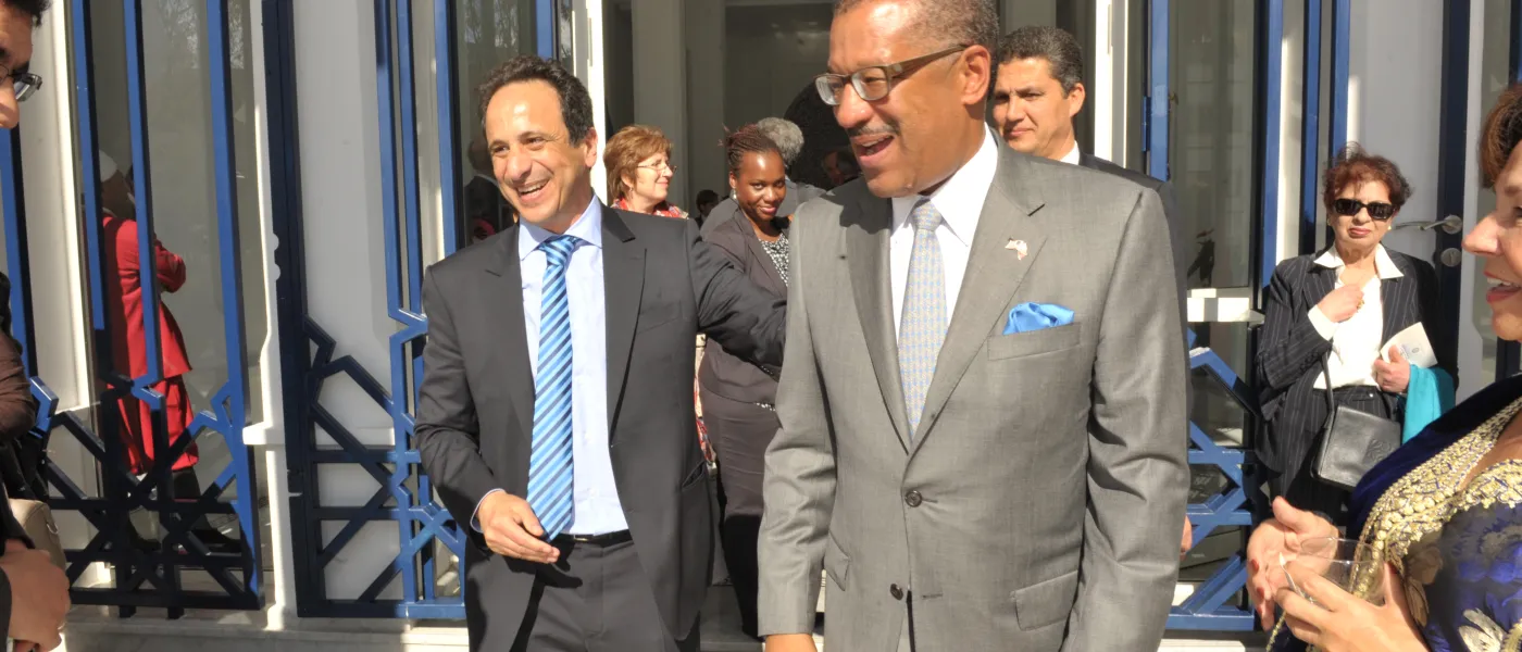 U N E Vice President Anouar Majid, U.S. Ambassador to Morocco Dwight L. Bush, Sr. at the opening ceremony for U N E Tangier