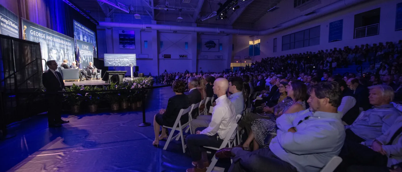 The audience watches the Bush Lecture