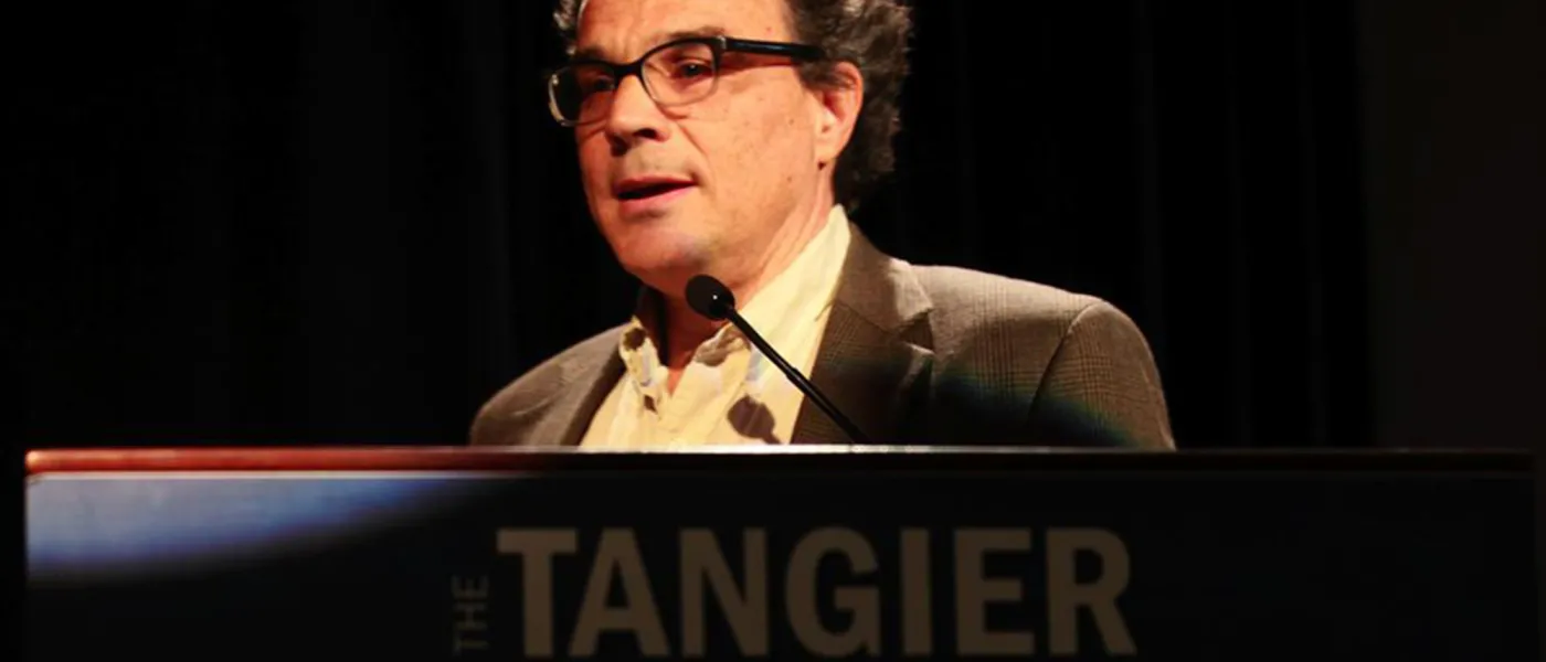 Author Anthony David addresses the audience as a guest lecturer for U N E’s Tangier Forum for Global Studies.