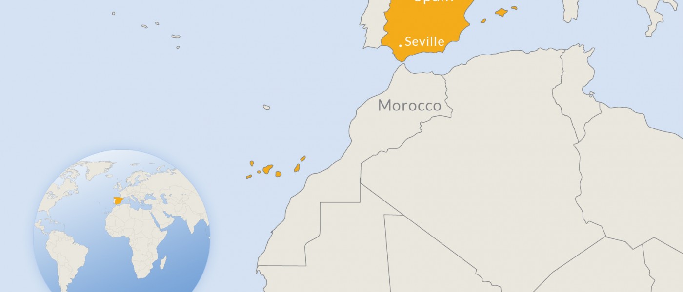 A map of the western Mediteranean with Spain highlighted in gold