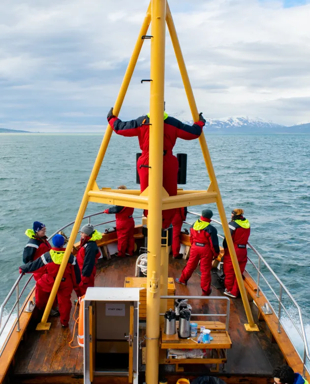 Several U N E students stand at the back of a boat on whale watch in Iceland