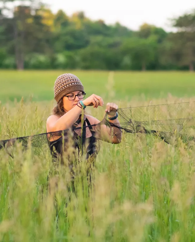 An animal behavior student preps a net while standing in a field of tall grass