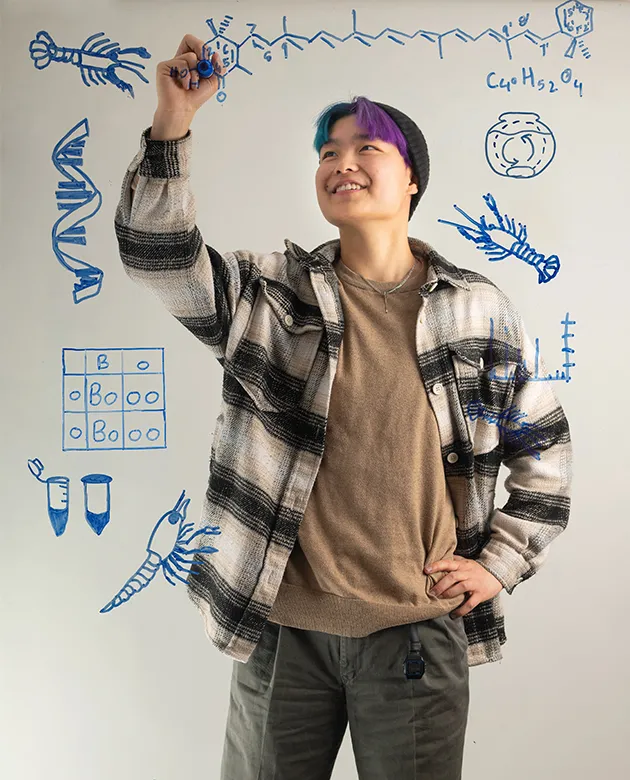 Ruby Motulsky writing examples of their research on a clear plexiglass