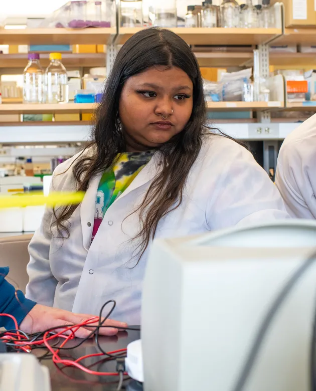A student researcher looks at a computer screen while standing in front of shelving filled with laboratory supplies