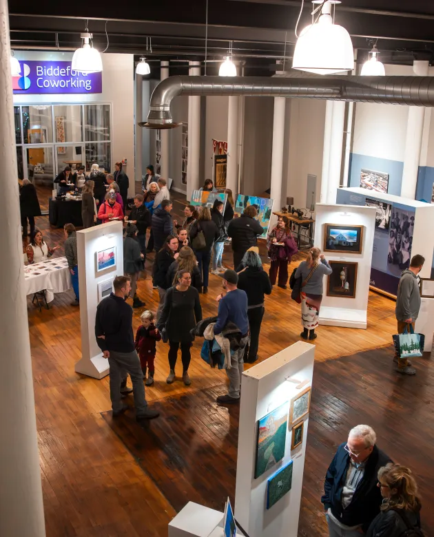 An aerial view of an art gallery exhibiton