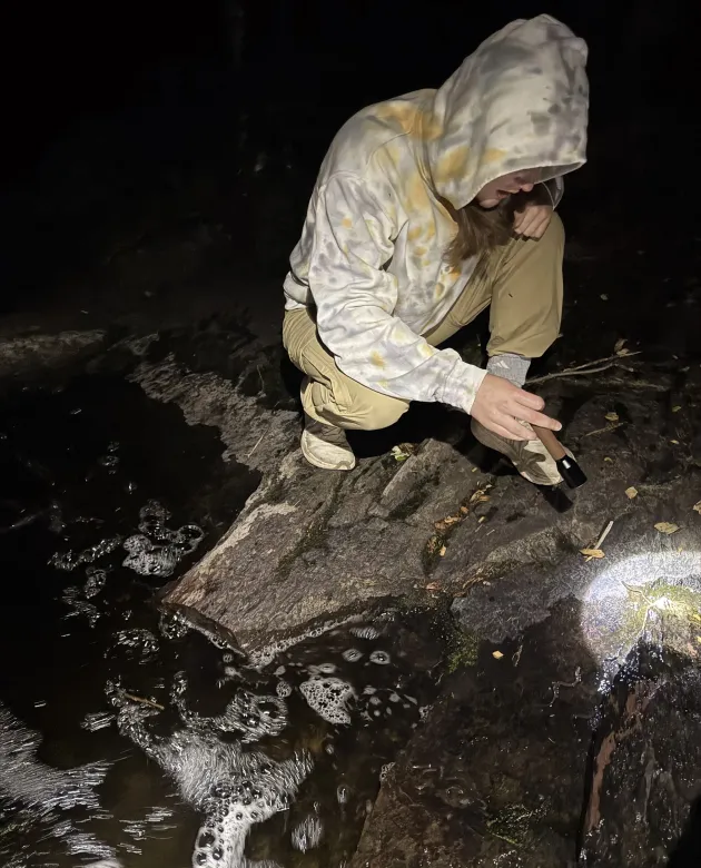 Isabel Ryan examines eels with a flashlight at night