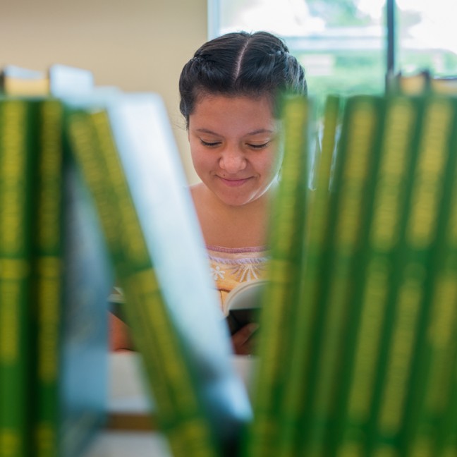 a student is visible behind a row of books