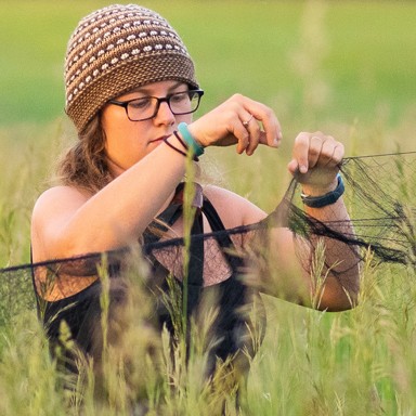 a U N E environmental studies student adjust netting in a field