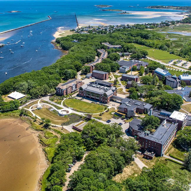 Aerial view of brick buildings surrounded by trees and next to an ocean