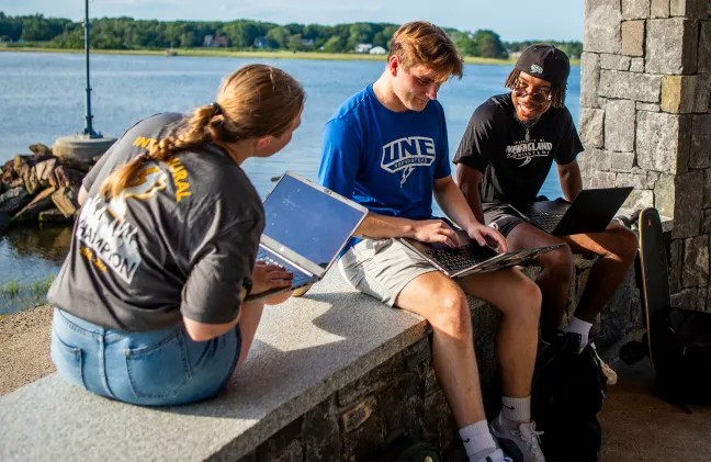 Three students sit with laptops and books next to the water