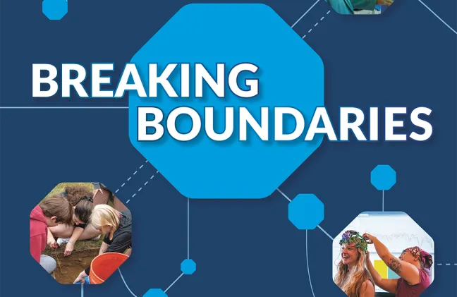 Cover of the 2025 U N E Magazine, "Breaking Boundaries," featuring photo collages of research and student activities.